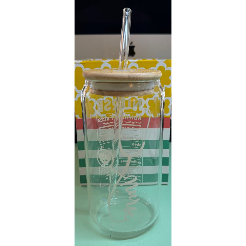 NEW Nurse Nutrition Facts Glass Cup with Lid & Straw